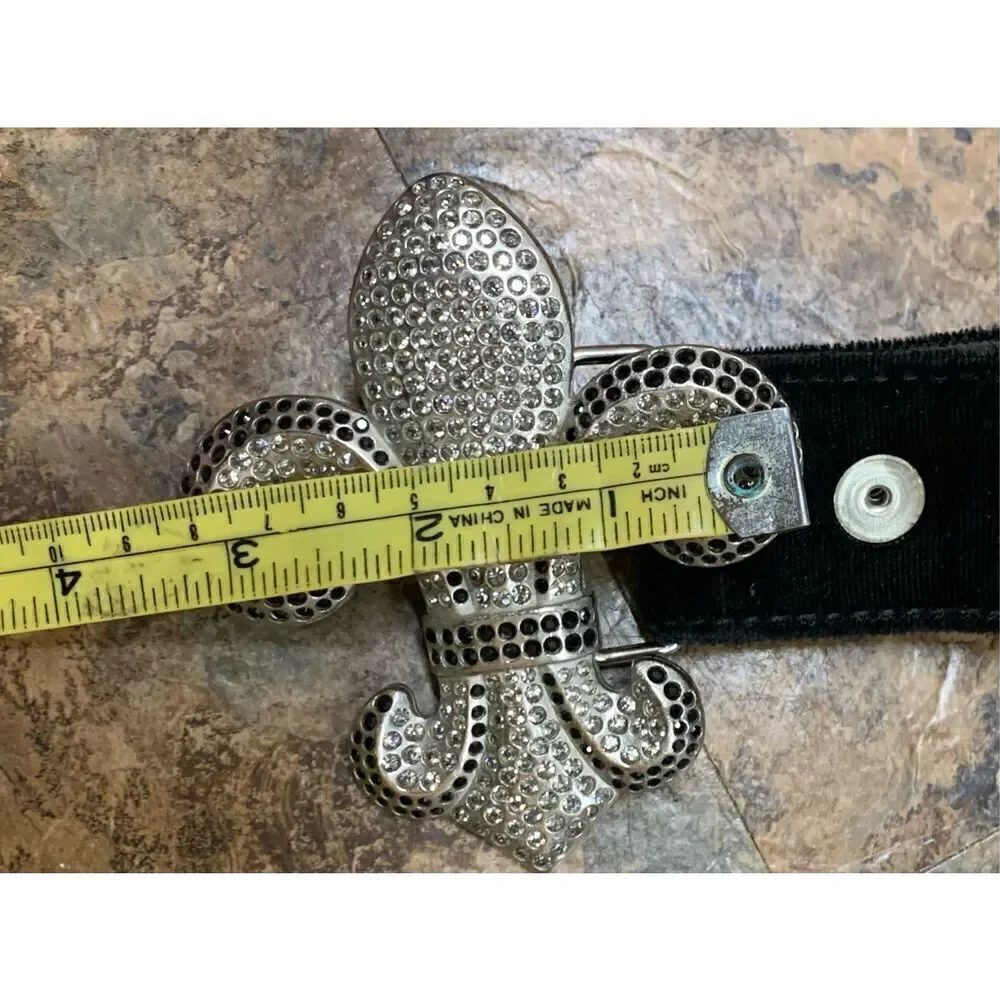 SISI AMBER Fleur-de-lis jeweled crystal bling BUCKLE BLACK VELVET BELT